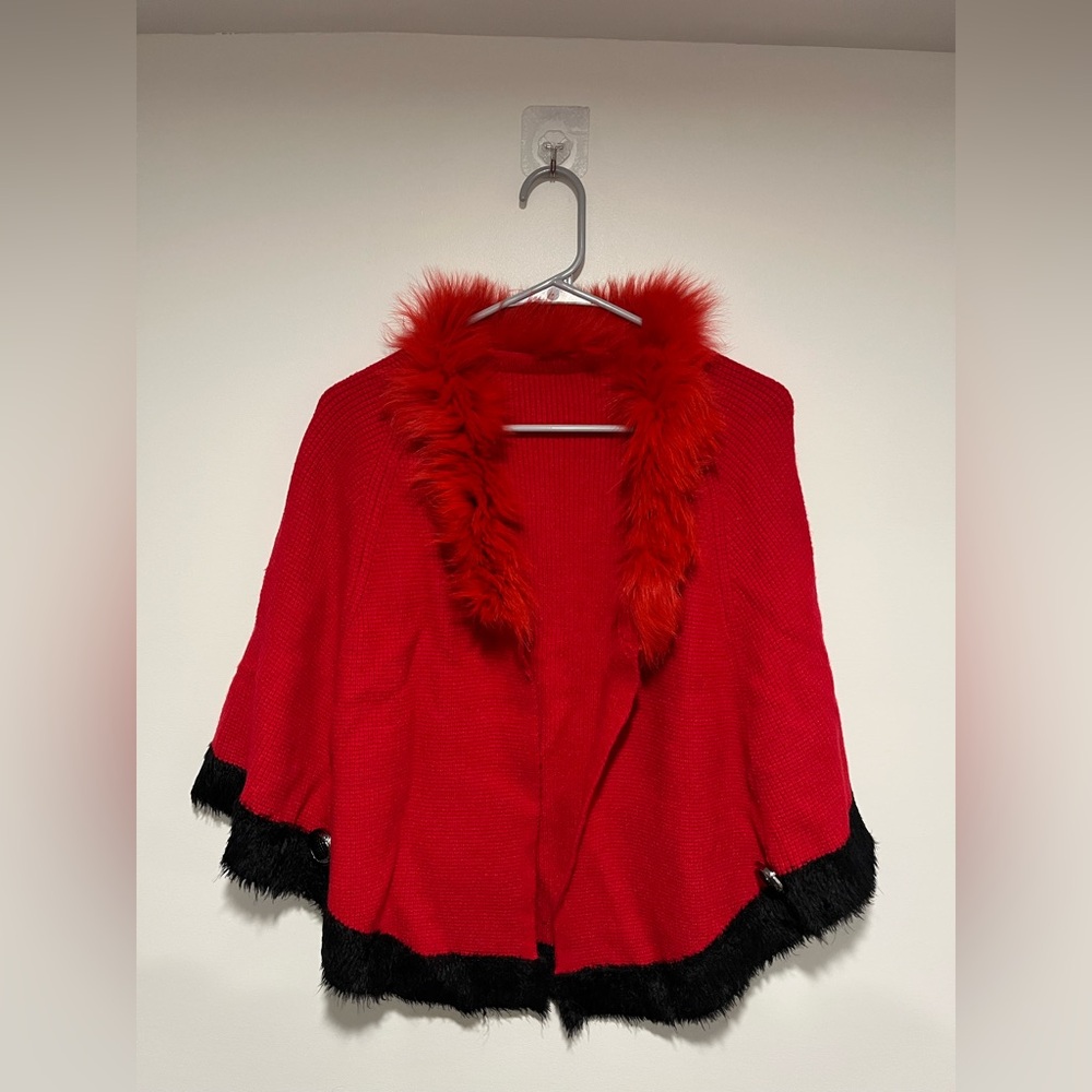 Red and Black Fox Fur Trim Sweater